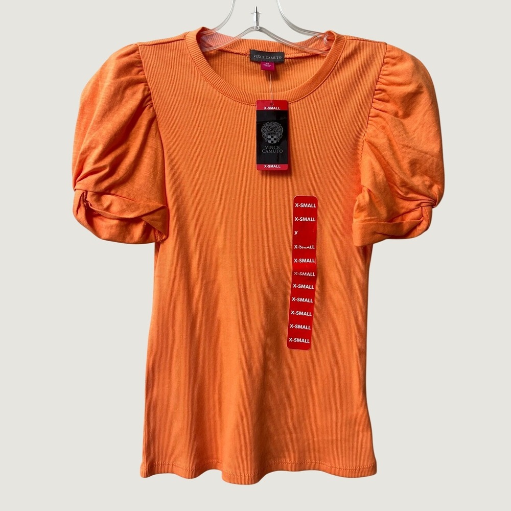 Vince Camuto NWT Tangerine Ribbed Puff Sleeve Top Fitted Womens XS Cotton